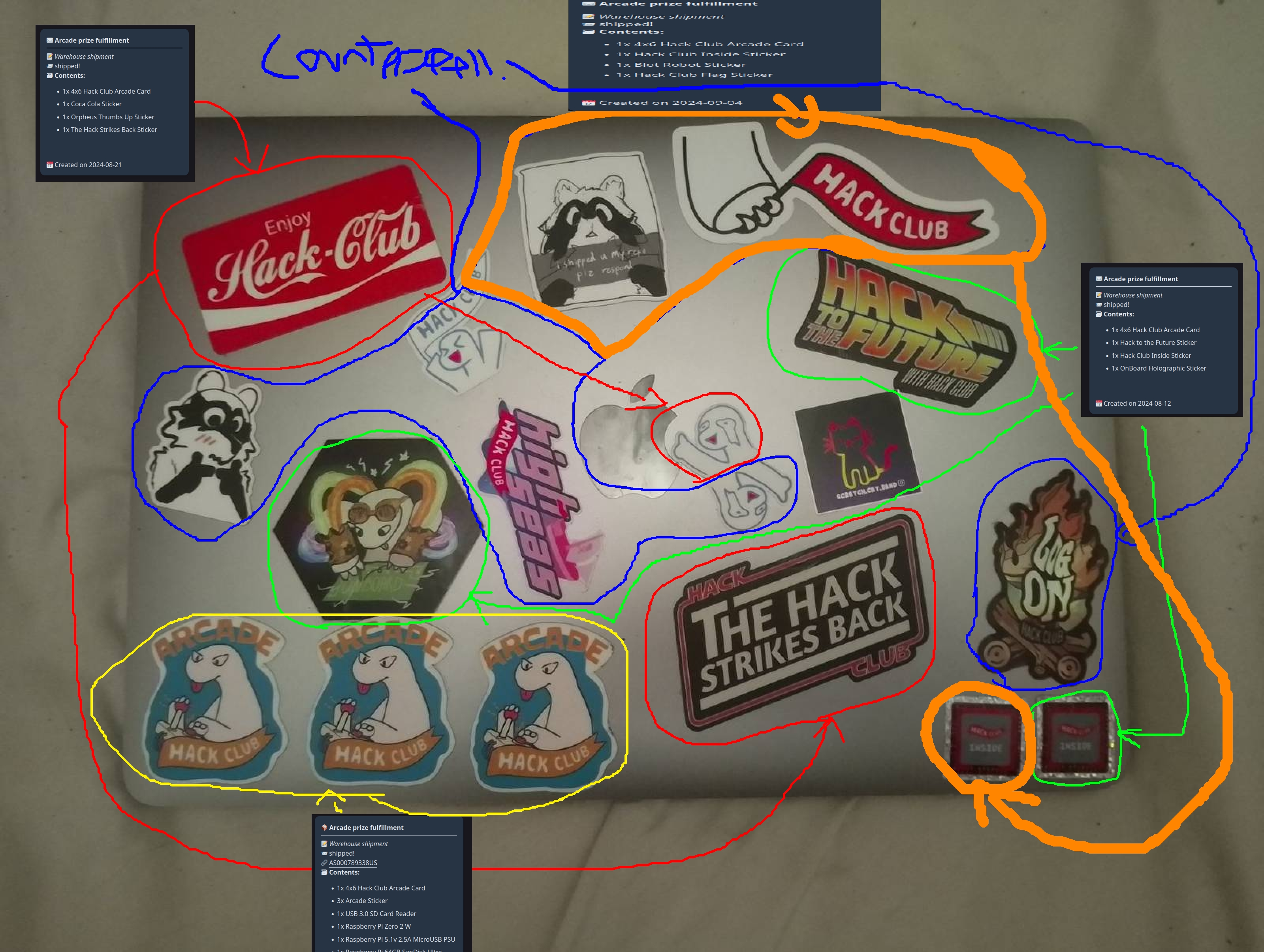 Photo of my laptop with many Hack Club stickers. Confusing arrows explain where they're from